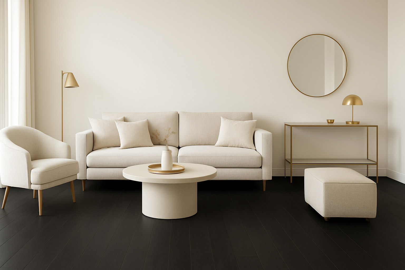 Công thức 3: Sàn Gỗ Tối Màu (Đen/Chiu Liu) + Nội Thất Tương Phản