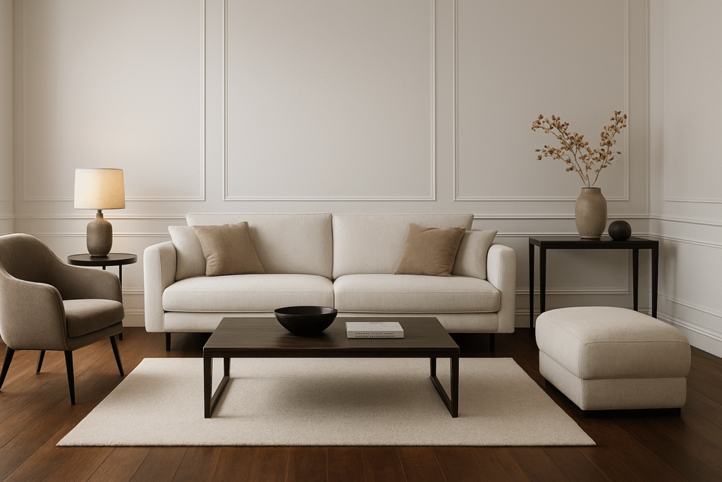 Phòng khách sang trọng với sàn gỗ óc chó tối màu và tường màu trắng, tạo sự tương phản mạnh mẽ