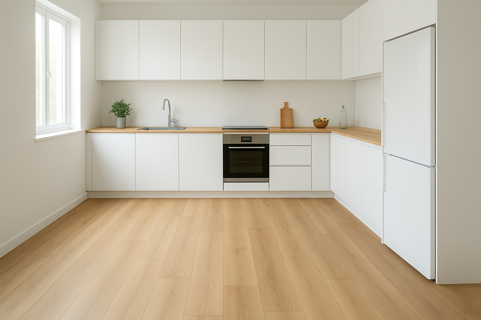 Sàn nhựa SPC vân gỗ sáng màu trong phòng bếp có tường trắng