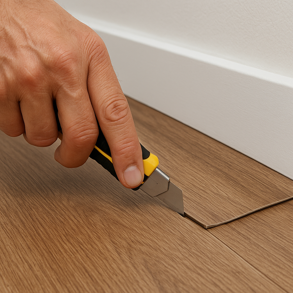 Dùng dao rọc giấy cắt mép sàn nhựa để xử lý lỗi sàn bị phồng