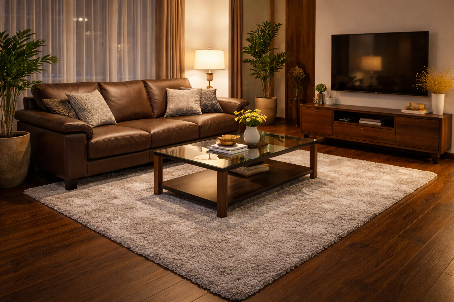 Sử dụng một tấm thảm lông ngắn (hoặc thảm nỉ dệt) đặt ngay dưới chân bàn trà.