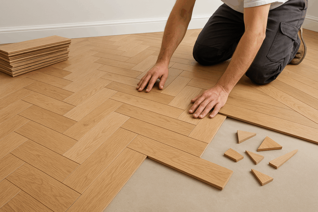 Kỹ Thuật Lát Sàn Xương Cá (Herringbone): Bí Quyết Giảm Hao Hụt Dưới 10%