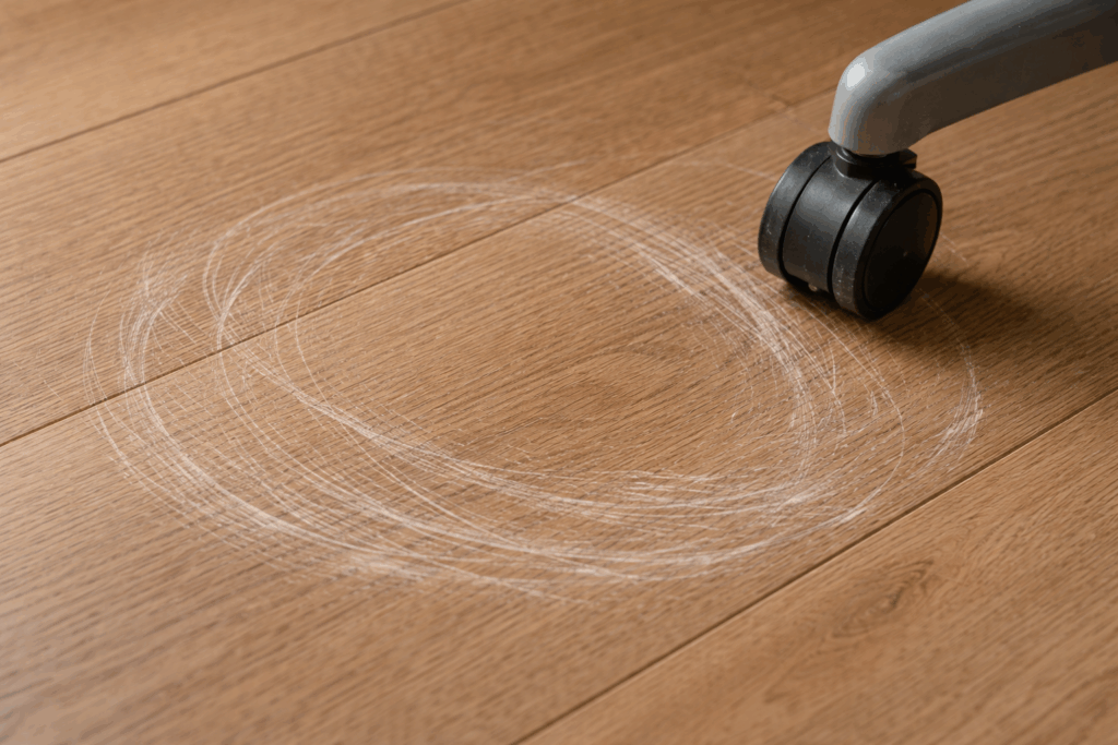 Cận cảnh một mảng sàn gỗ bị xước trắng xóa thành hình tròn (do ghế xoay tạo ra).