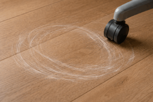 Cận cảnh một mảng sàn gỗ bị xước trắng xóa thành hình tròn (do ghế xoay tạo ra).