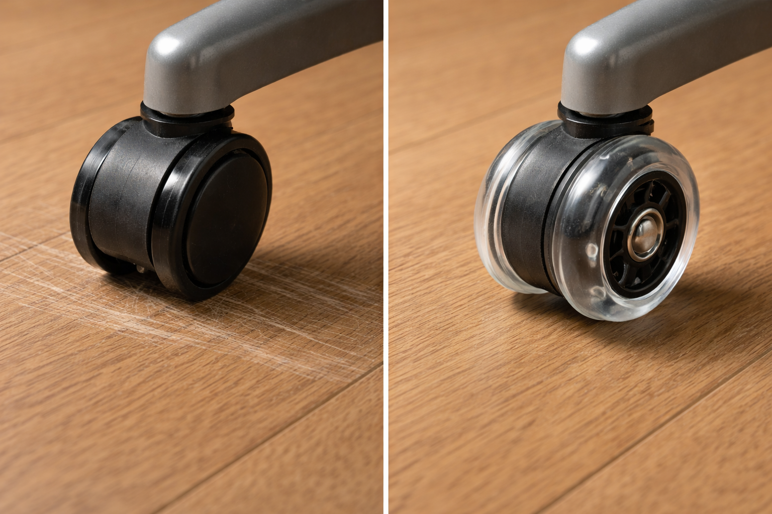 So sánh bánh xe nhựa đen (cứng) và bánh xe Silicon trong suốt (mềm).