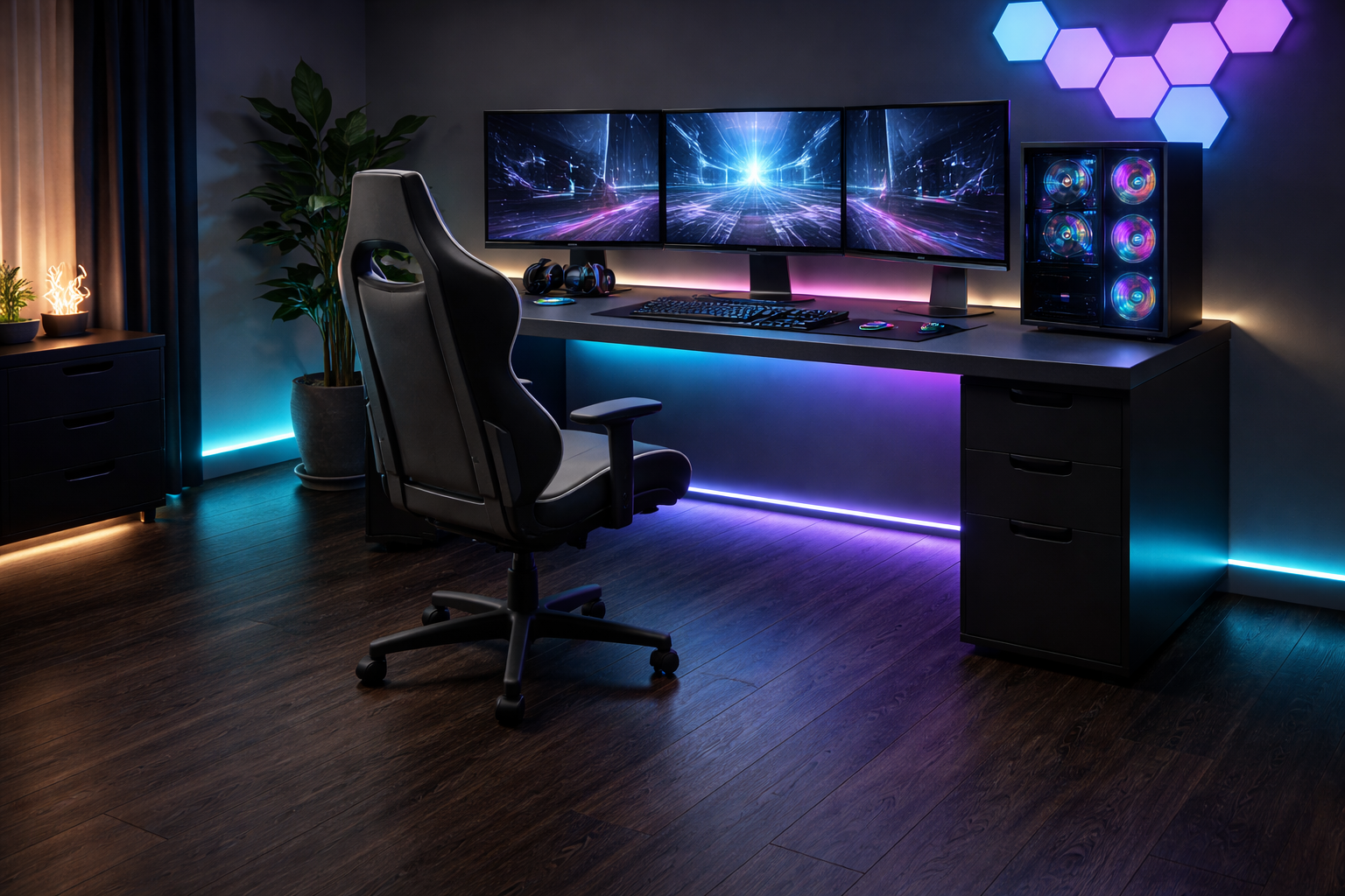 Một phòng Gaming đẹp lát sàn gỗ/nhựa tối màu