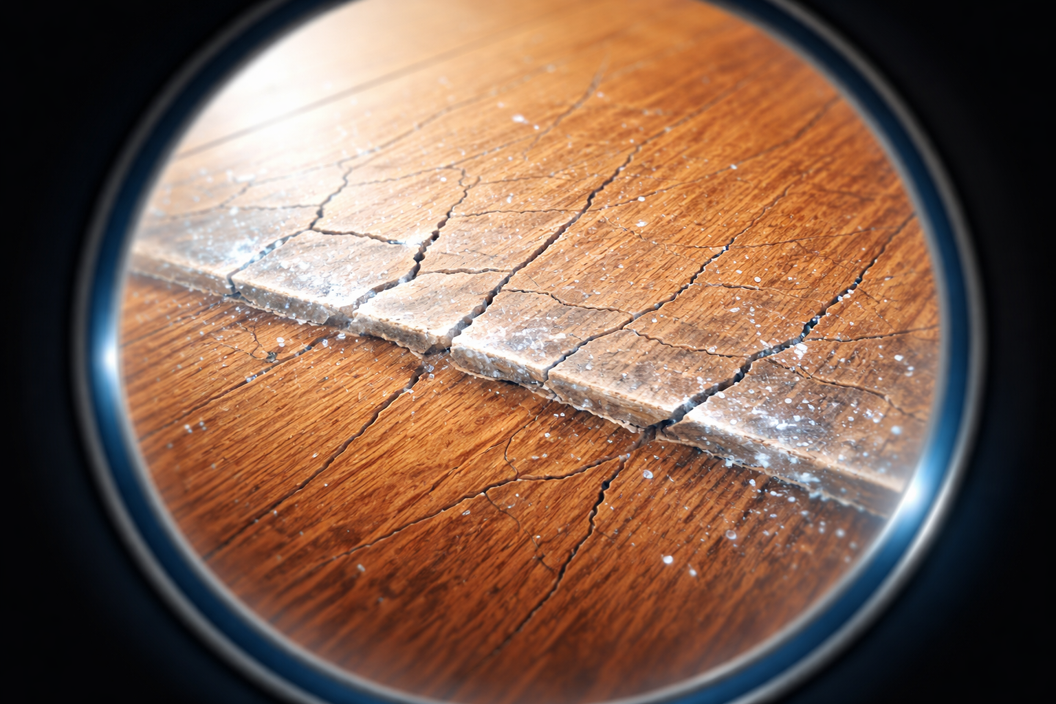 Hình ảnh minh họa lớp bề mặt sàn gỗ bị rạn nứt dưới kính hiển vi