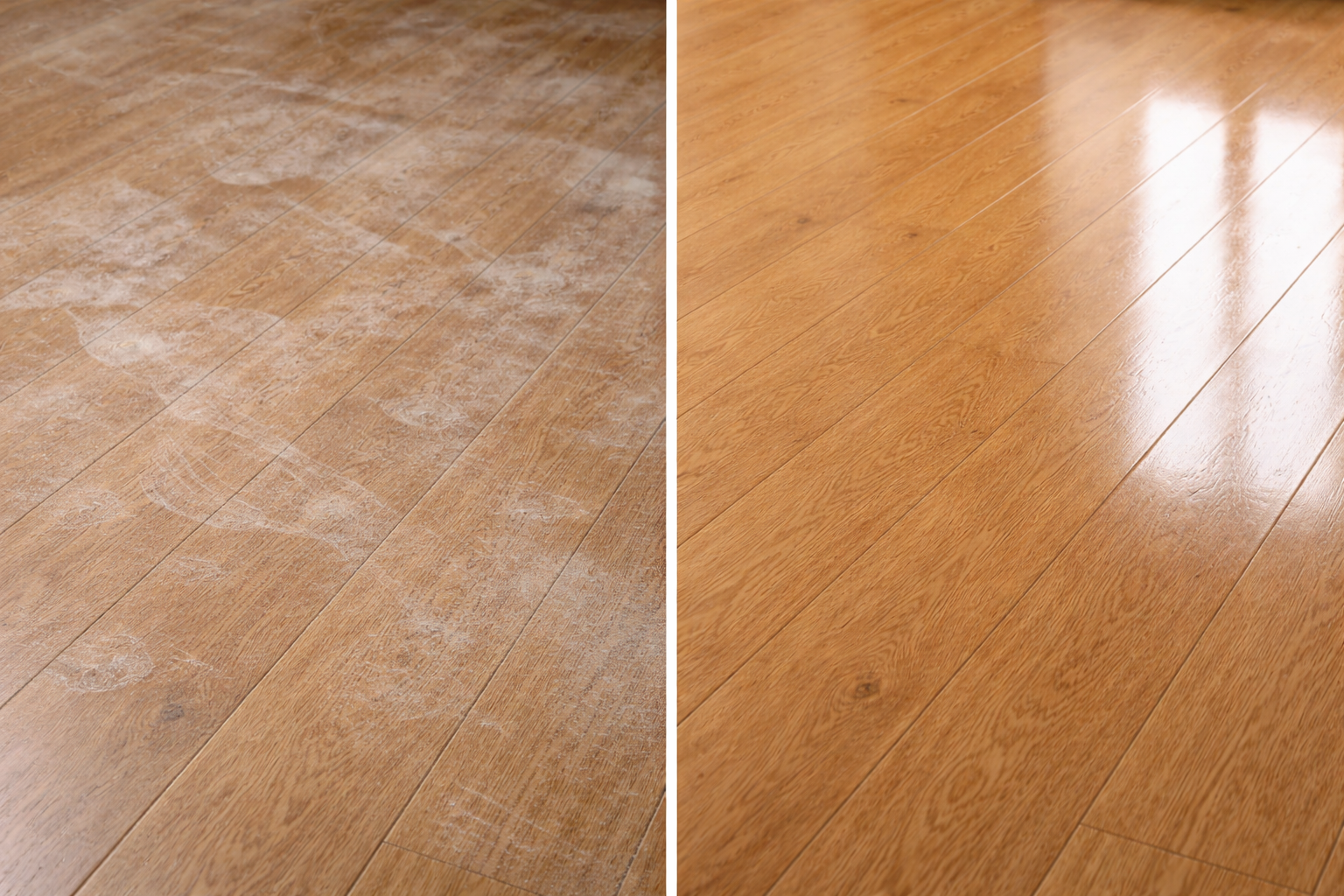 So sánh bề mặt sàn gỗ bám bụi xi măng và sau khi được vệ sinh đúng cách