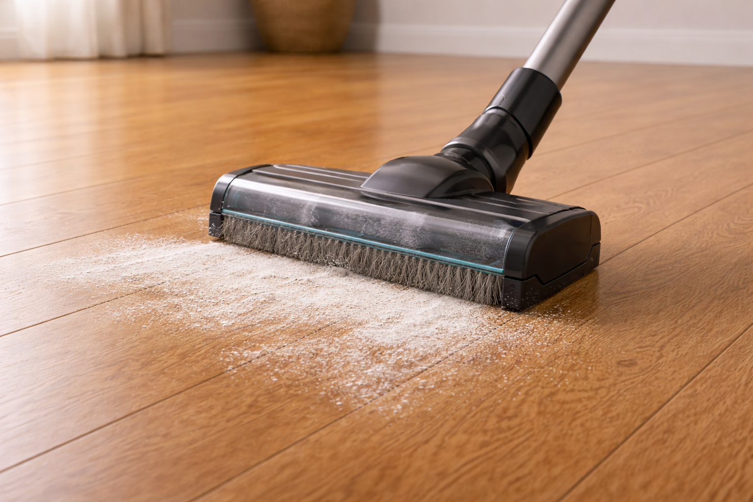 Sử dụng máy hút bụi đầu lông mềm để loại bỏ bụi mịn xi măng trên sàn gỗ công nghiệp