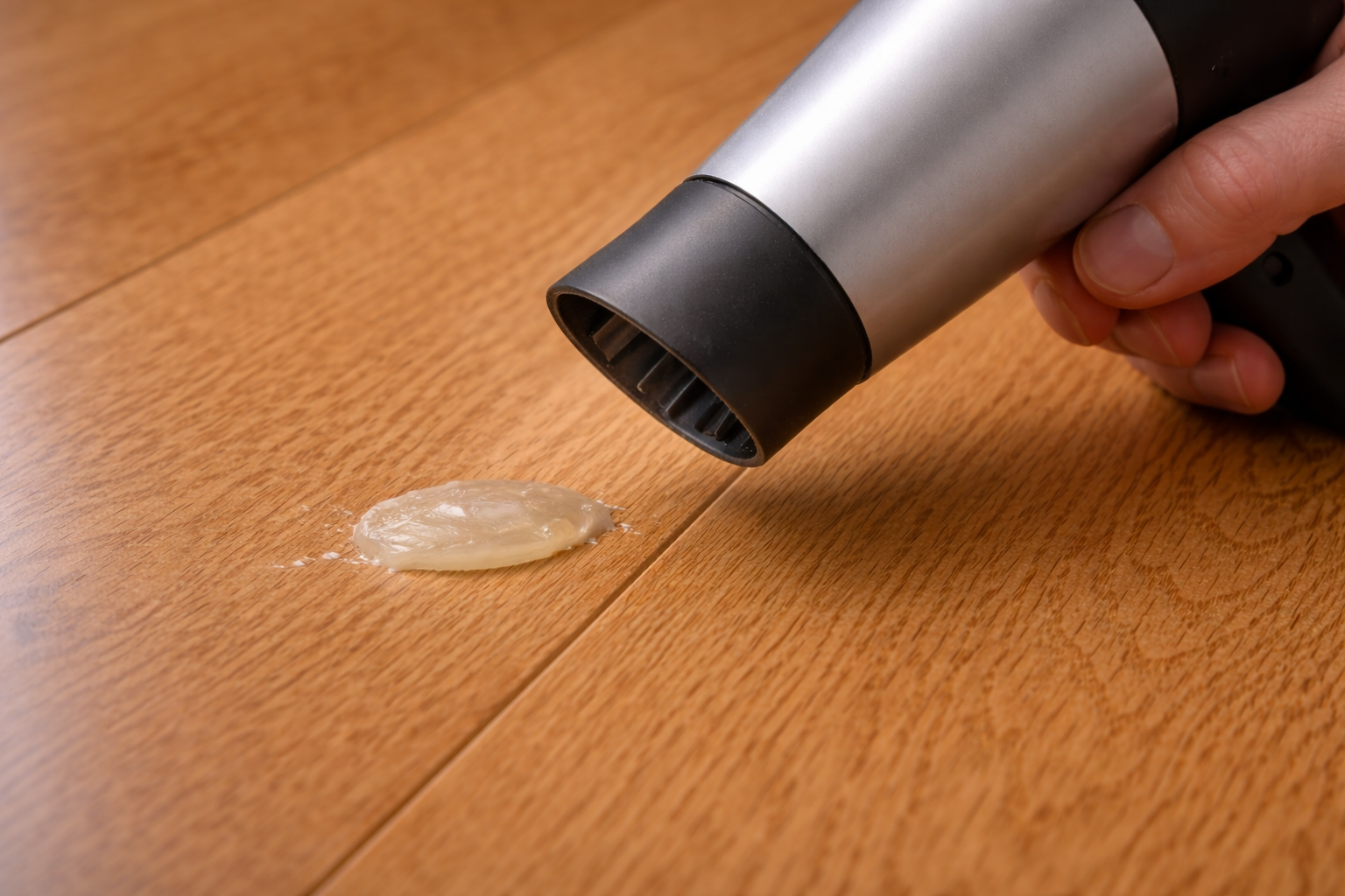 Mẹo dùng nhiệt từ máy sấy tóc để làm mềm và tẩy vết keo dính trên gỗ