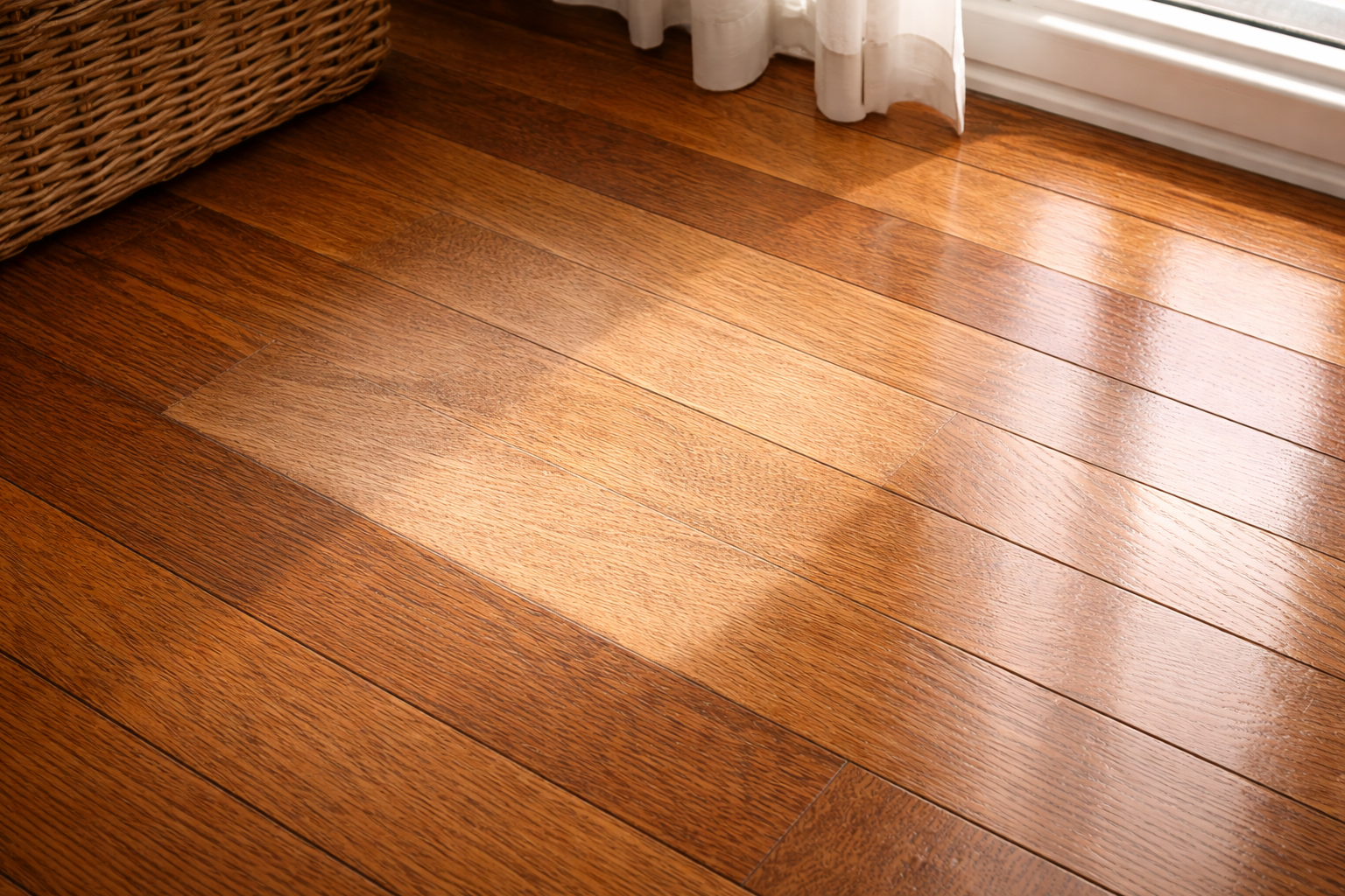 một mảng sàn bị bạc phếch ngay khu vực cửa sổ có nắng chiếu vào.