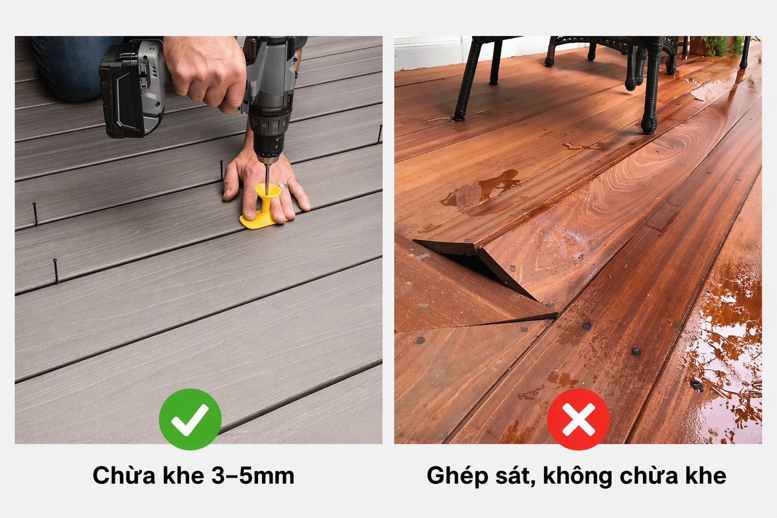 Chừa khe co giãn 3–5mm giúp sàn ổn định và không bị biến dạng