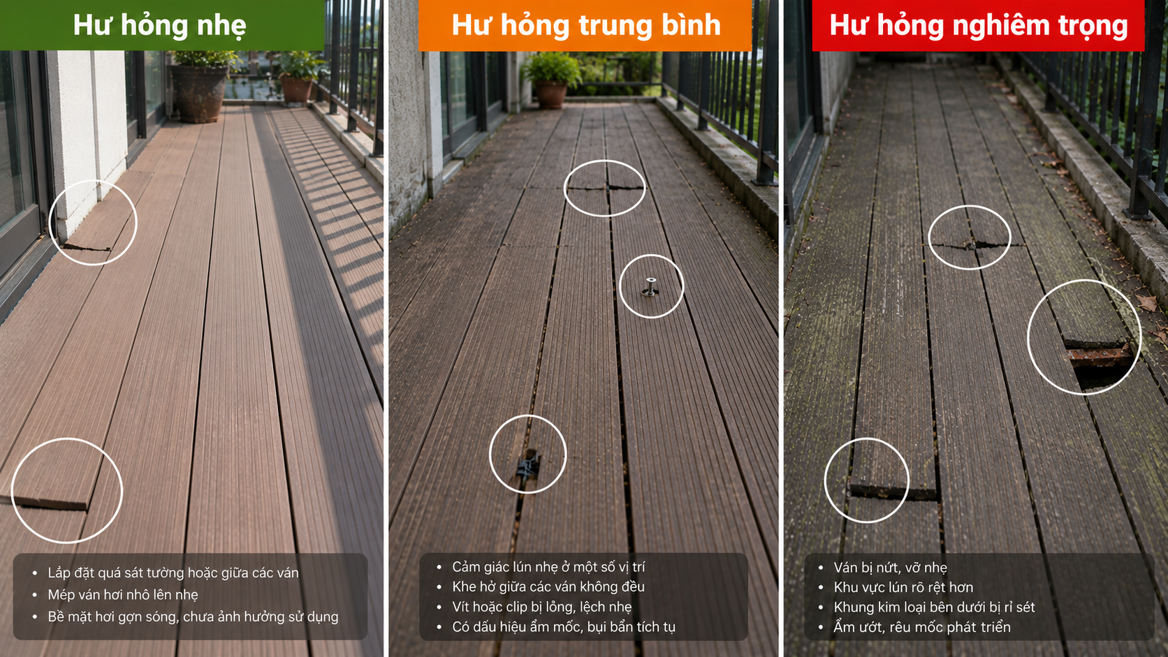 Nhận biết các mức độ hư hỏng của sàn gỗ nhựa ngoài trời