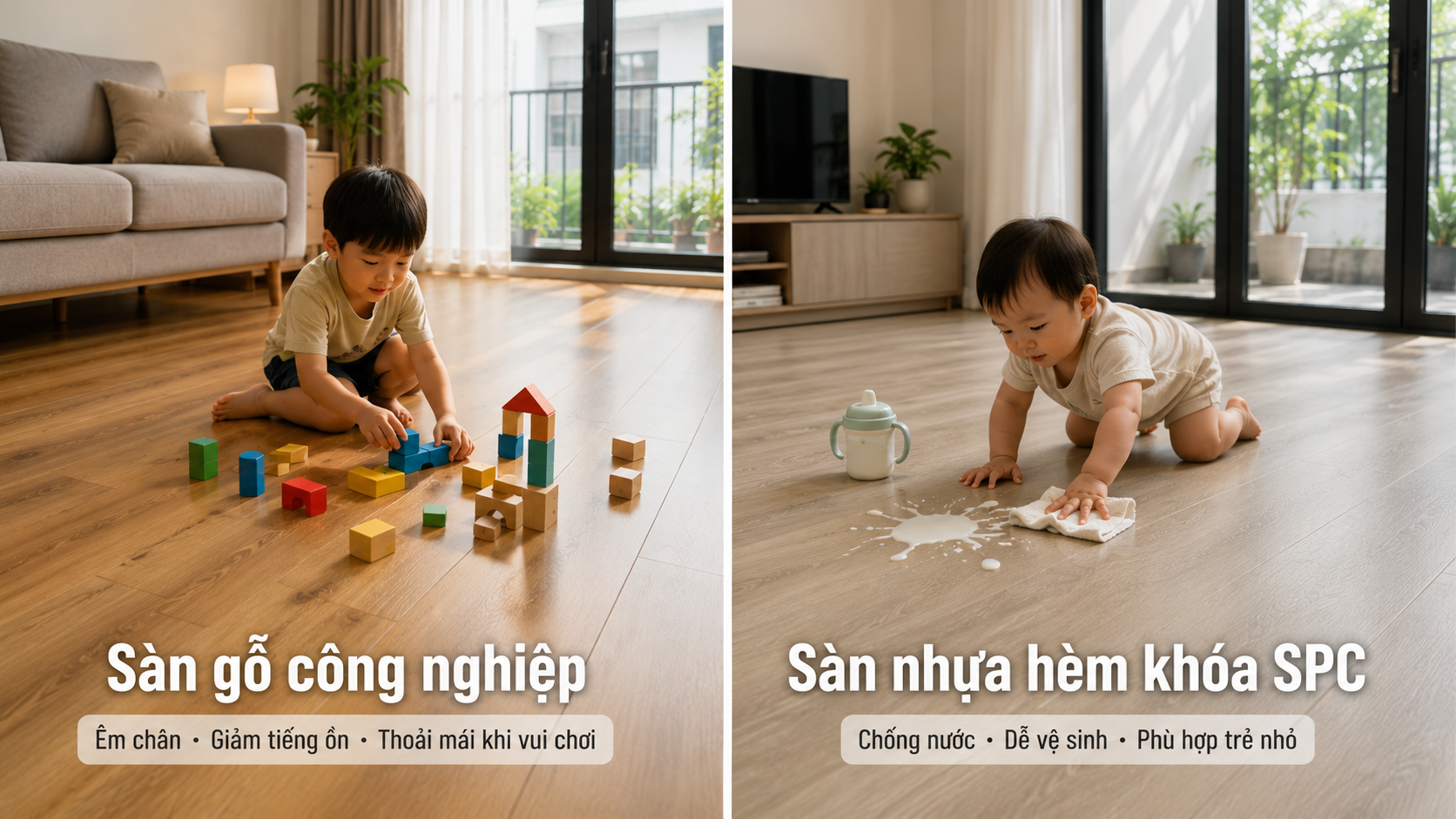 Lựa chọn đúng loại sàn cho gia đình có trẻ nhỏ thường xuyên chơi đùa trên sàn