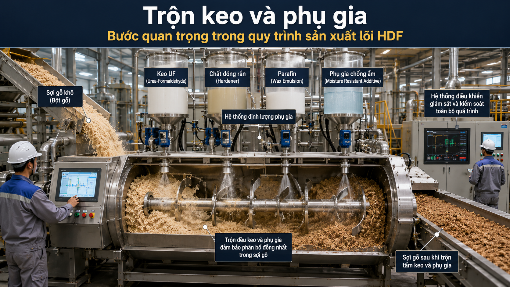 Trộn keo và phụ gia trong quy trình sản xuất gỗ công nghiệp