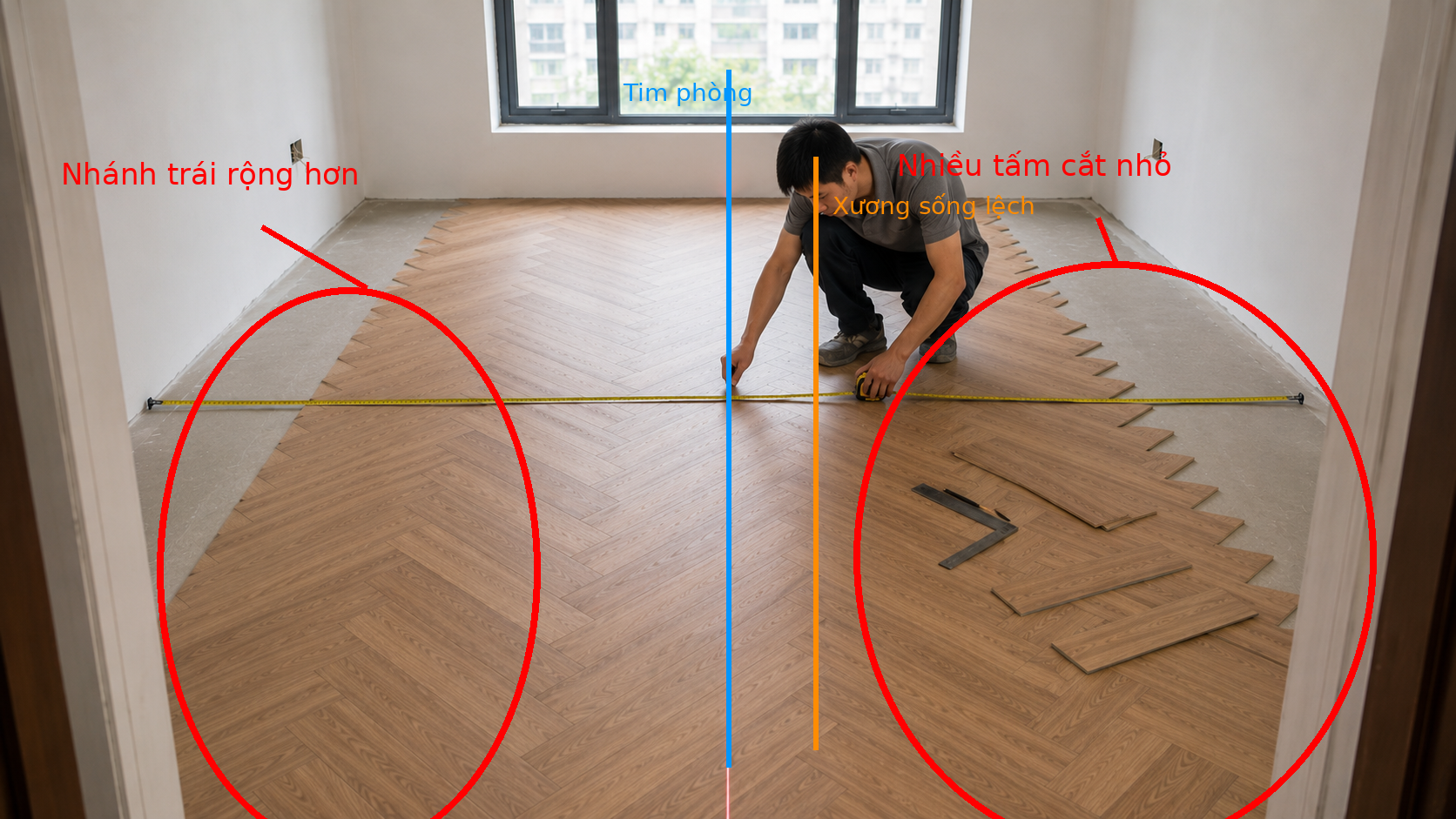 Hai nhánh xương cá mất cân đối trong việc lát sàn xương cá