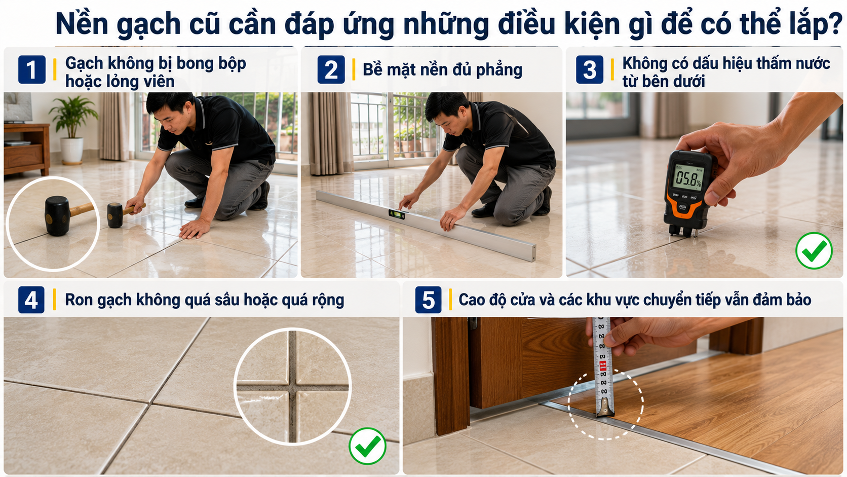 Nền gạch cũ cần đáp ứng những điều kiện gì để có thể lắp?