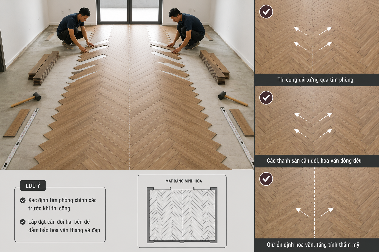 Thi công đối xứng giúp giữ ổn định hoa văn xương cá