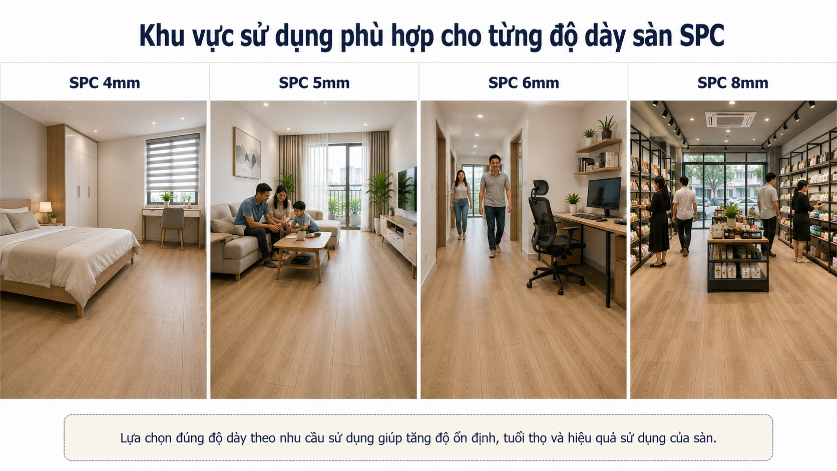 Khu vực sử dụng phù hợp cho từng độ dày sàn SPC