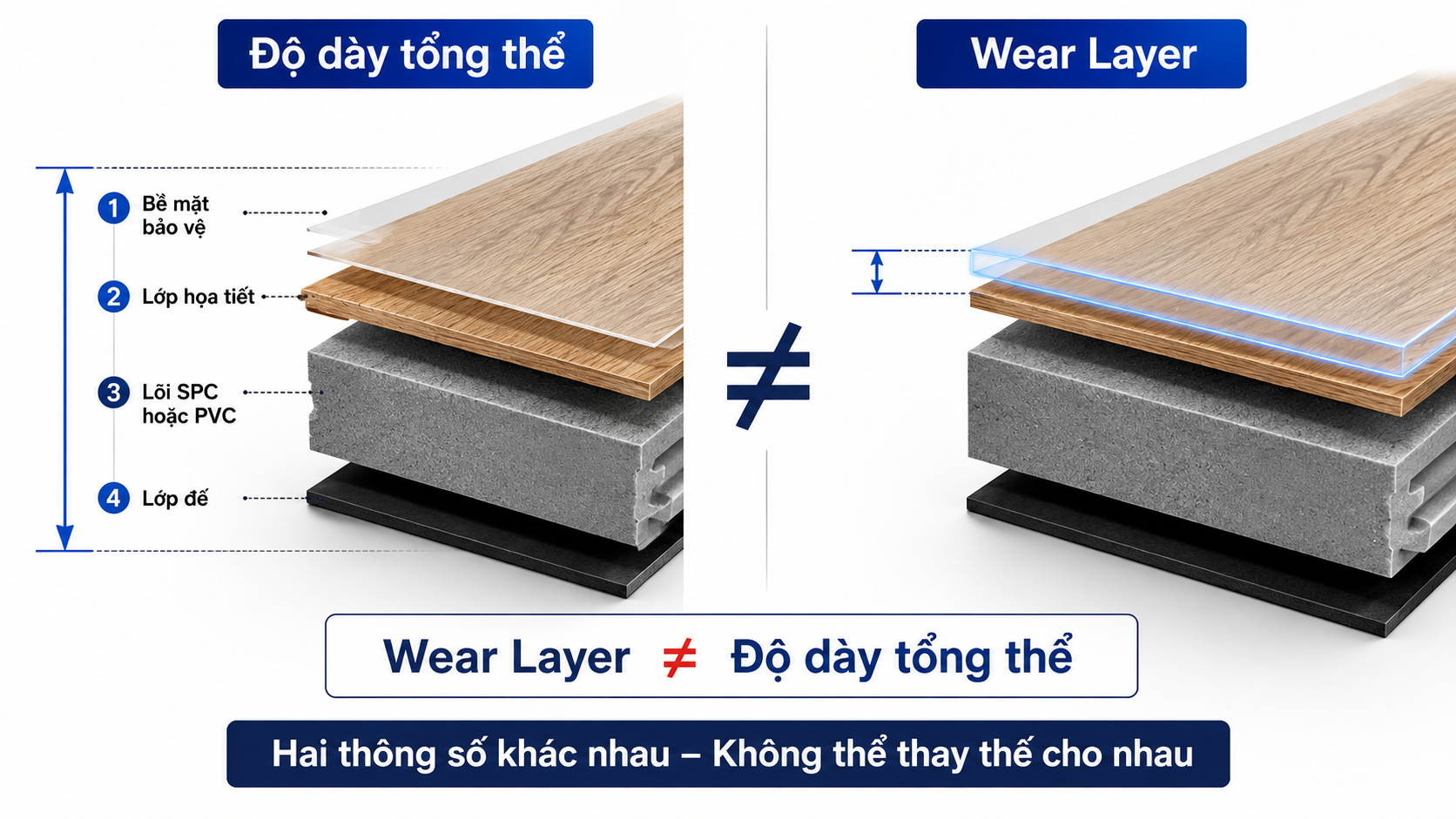 Wear Layer và độ dày tổng thể của sàn nhựa có phải là một?