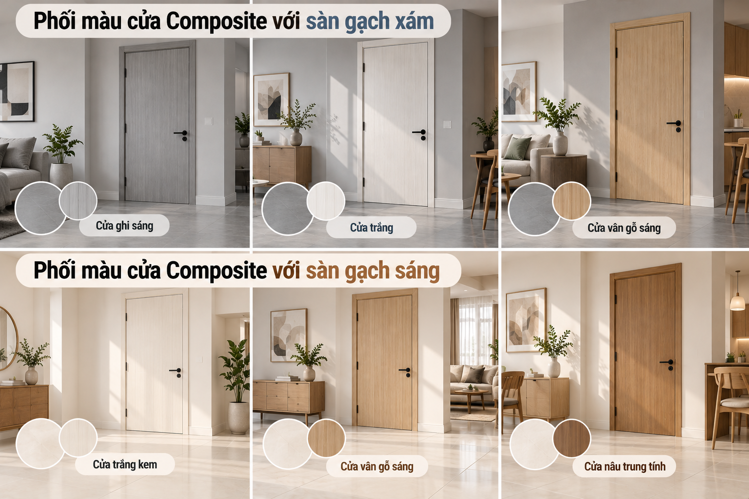 Phối màu sàn gạch xám hoặc màu sáng
