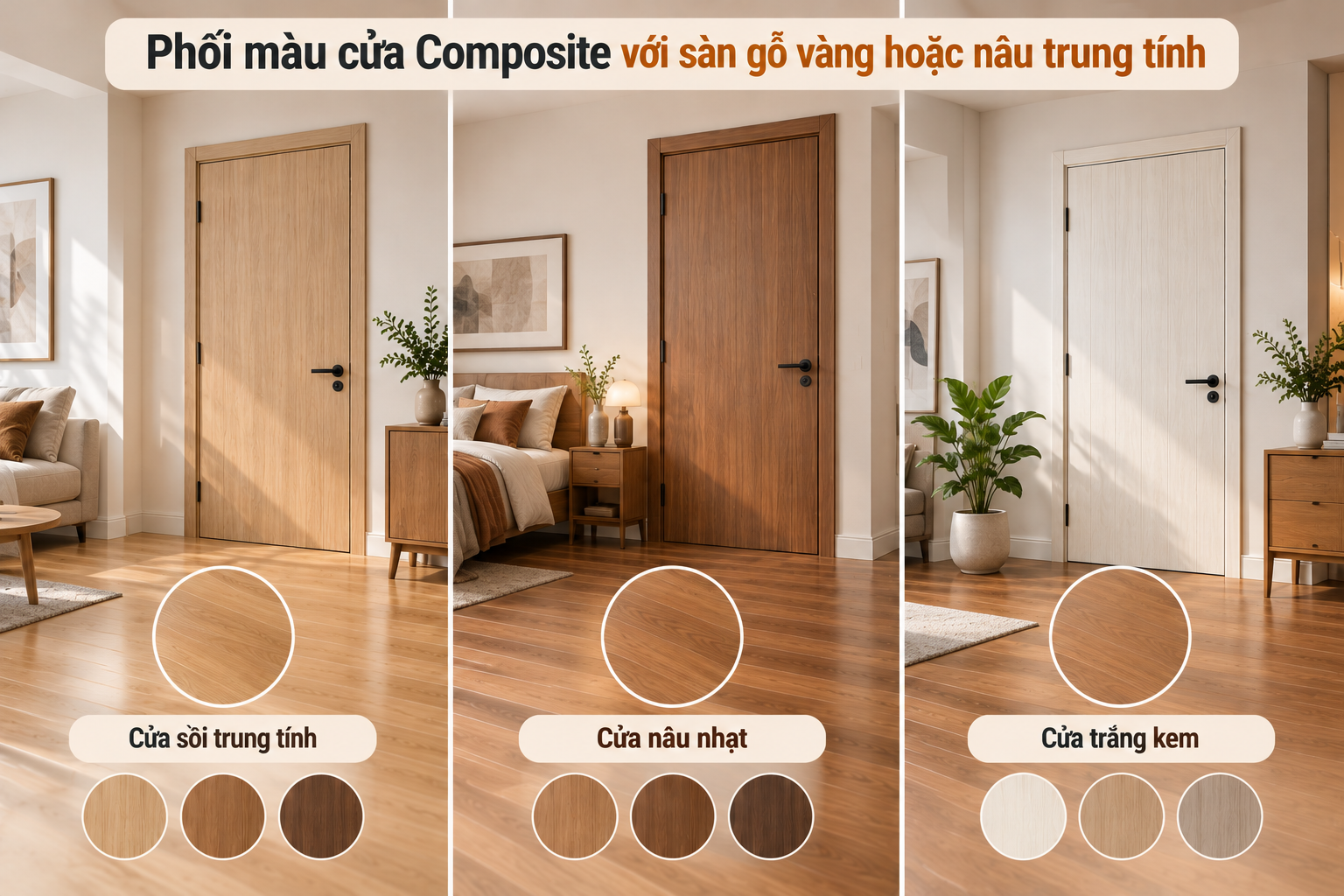 Phối màu cửa với sàn gỗ vàng hoặc nâu trung tính