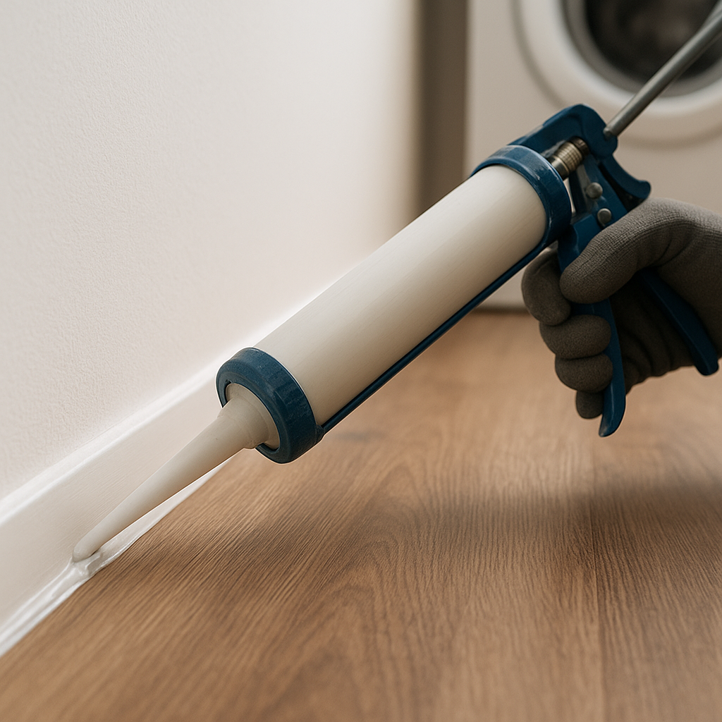 Đi keo silicone chống thấm viền sàn nhựa phòng giặt