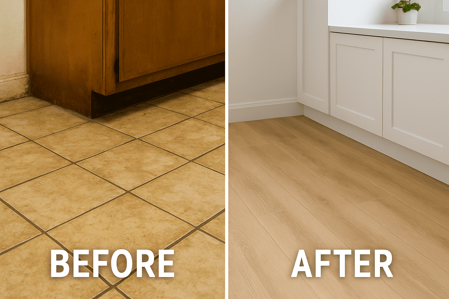 "Hình ảnh trước và sau khi cải tạo phòng bếp bằng sàn nhựa chống nước".