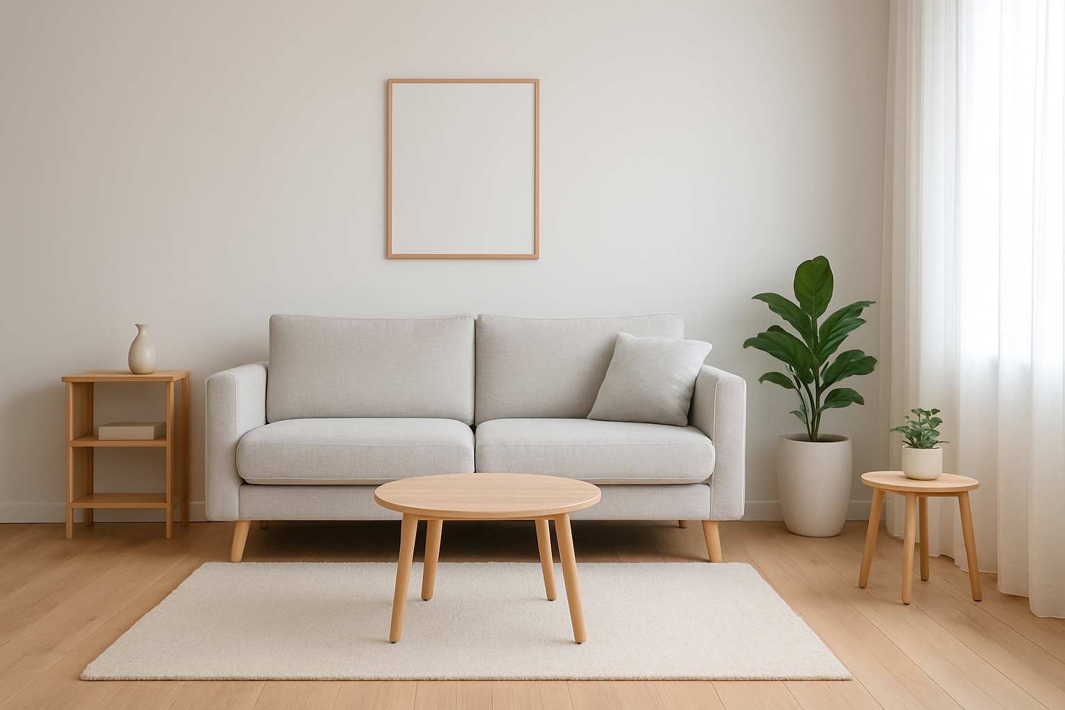 Căn phòng phong cách Scandinavian với sàn gỗ sồi sáng và tường trắng tinh tế.